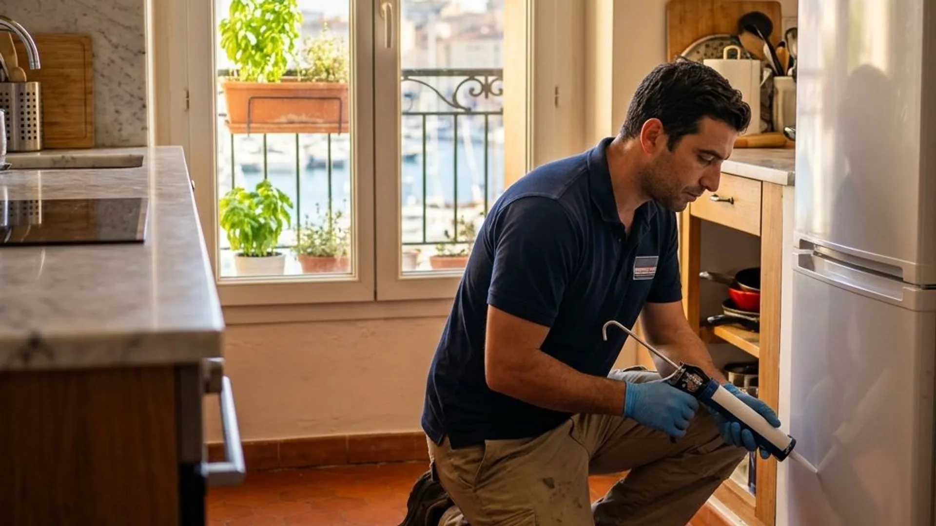 Technicien Desinsect13000 en intervention dans une cuisine d'appartement marseillais