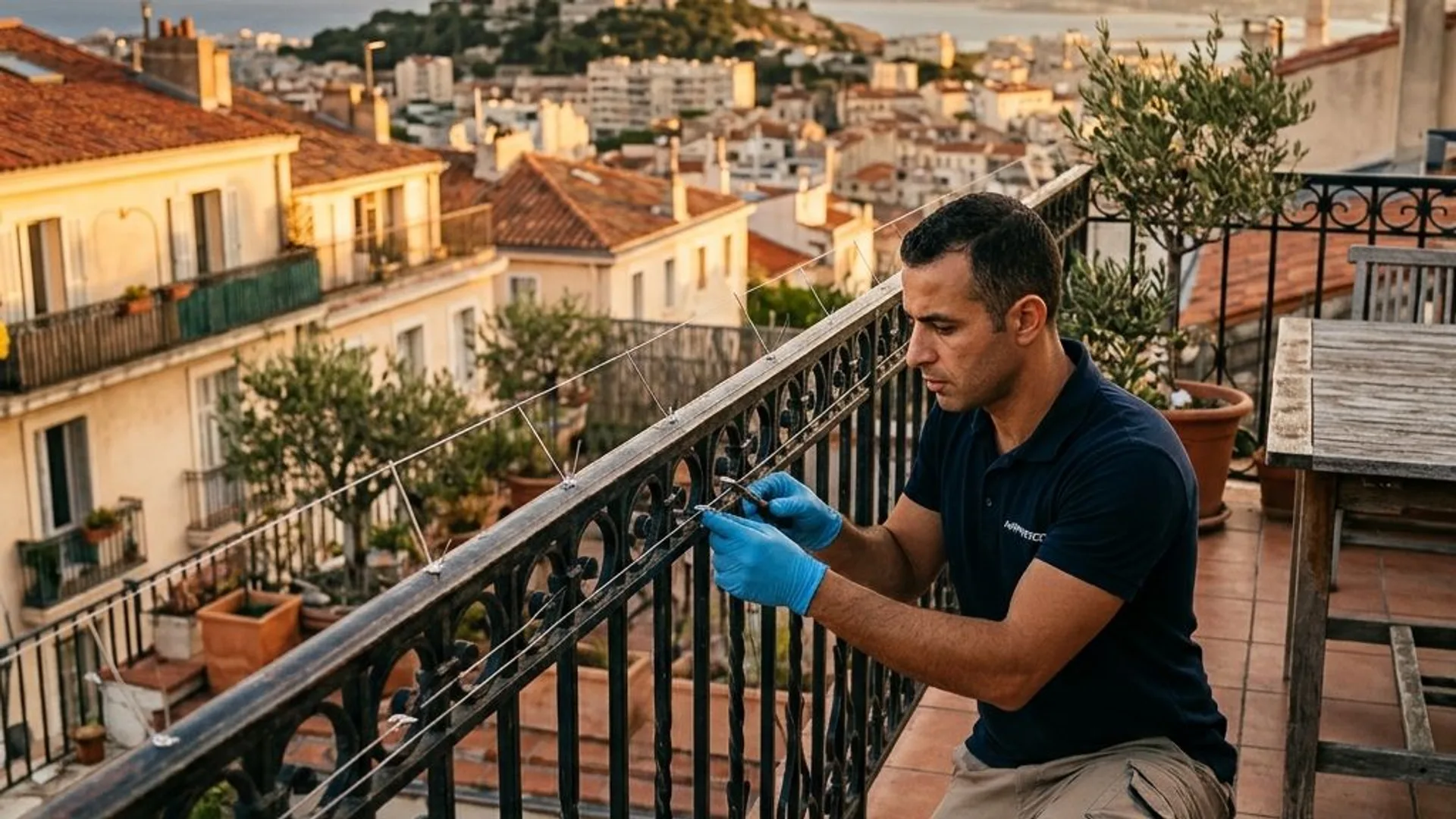 Pose de pics anti-pigeon inox sur corniche d'immeuble haussmannien marseillais