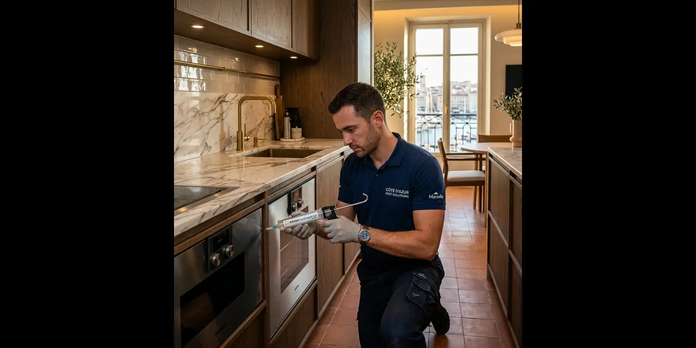 Technicien Desinsect13000 appliquant un gel anti-cafards en cuisine d'appartement face au Vieux-Port